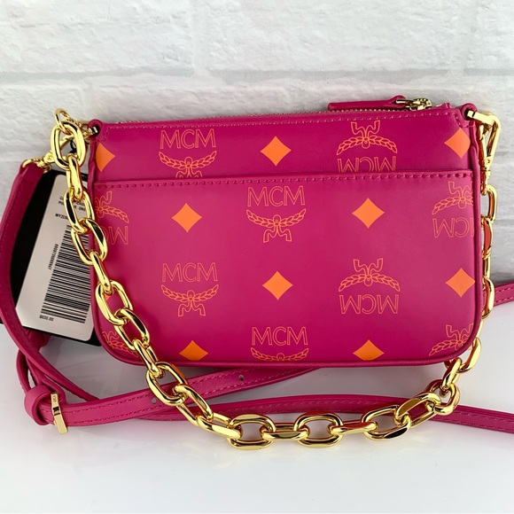 MCM Visetos Mini Zip Pouch Splash Logo Crossbody Bag Pink $650 - Picture 2 of 15